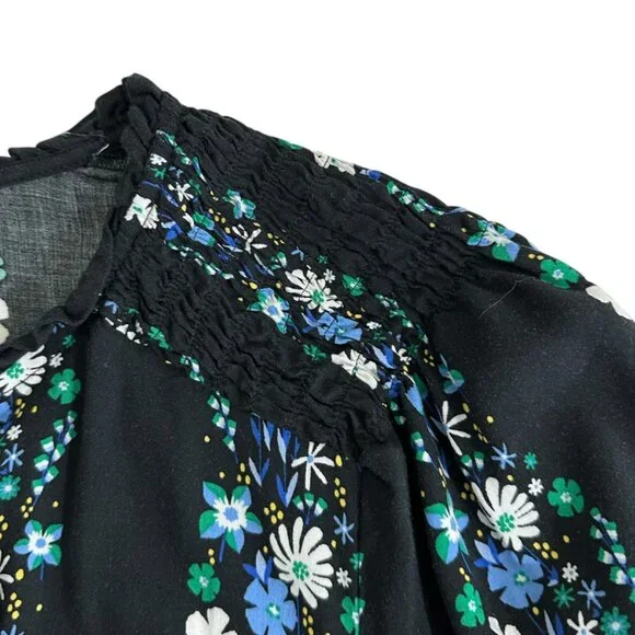 Talbots Women's Size M Dark Floral Striped Smocked Black Blouse - Picture 5 of 9
